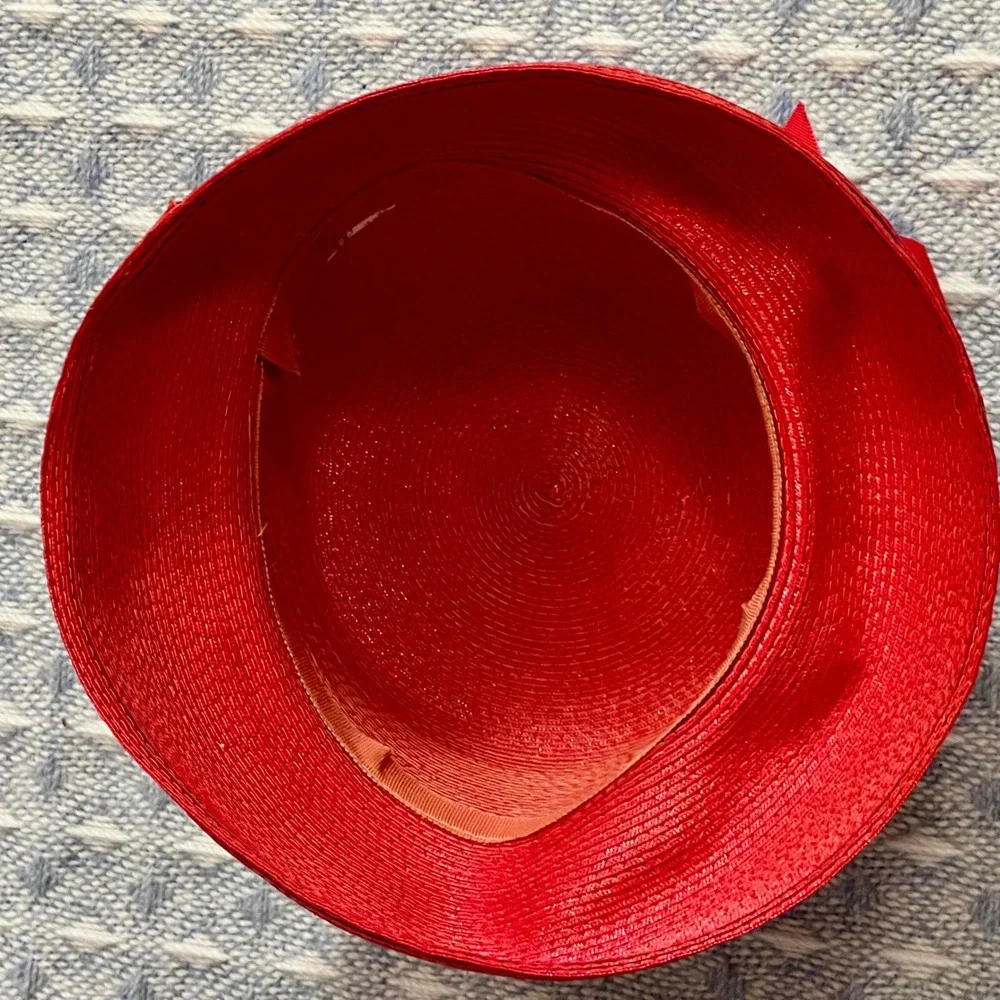 Vintage Red Straw Cloche Hat with Bow‎ Union Made Formal Occasion